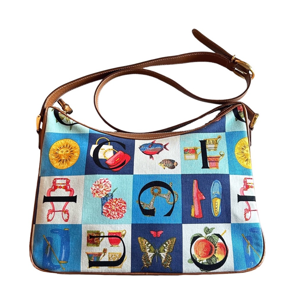 GUCCI Rare Vintage Blue Checkered Scarf Print Shoulder Bag